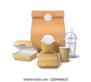 Burger Box Mockup Composition With Empty Paper Cups Boxes And Paper Bag From Fast Food Restaurant Vector Illustration