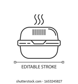 Burger box pixel perfect linear icon. Thin line customizable illustration. Fast food container. Takeaway packaging. Plastic lunchbox for hot meal. Vector isolated outline drawing. Editable stroke