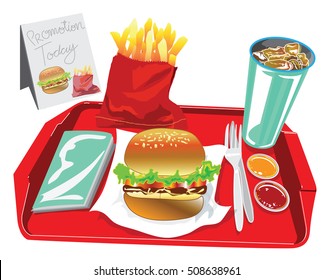 Burger Box Set have soft drink , egg salad, French fries, chili tomato sauce, tissue paper in red tray, Have promotion banner for your advertisement background isolate and clipping paths.