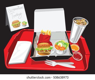 Burger Box Set have soft drink , egg salad, French fries, chili tomato sauce, tissue paper in red tray, Have promotion banner for your advertisement background isolate and clipping paths.