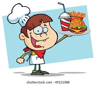 Burger Boy Holding Up A Cheeseburger, Fries And Drink