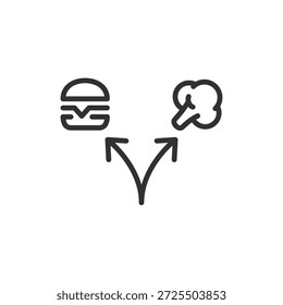 Burger and broccoli with arrows, linear icon. Food choice and nutrition decision. Line with editable stroke.