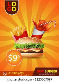 Burger brochure poster promotion food and drink burger vector illustration, realistic style. sample or mock up ads template fast food