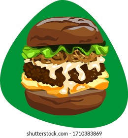 Burger with brown buns, salad, sauce, fried onion, meat, bacon, melted cheese. Fast food. Tasty snack. On green background