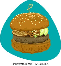 Burger with brown buns with sesame, fried onions, fresh avocado and beef cutlet on blue background.