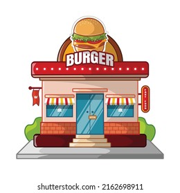 Burger building flat design cartoon illustration
