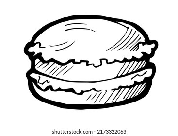 Hamburguesa en bollo con hierbas y carne. Esbozo de dibujo manual. Aislado sobre fondo blanco. Pan y panecillos dulces. Dibujo monocromo. Vector