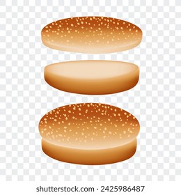 Burger bun, sliced and whole piece with sesame seeds, isolated vector illustration.
