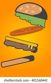 Burger with bun,cheese,tomato and salad. Vector illustration