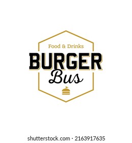 Burger Bus Logotype Template in simple stylish retro style. Letters logo in hexagon frame with simple graphic burger element.
