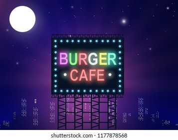 Burger cafe in neon color. 