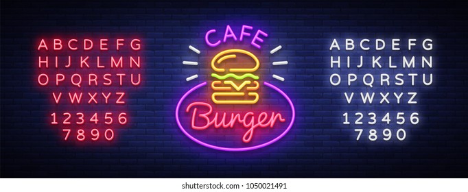 Burger cafe neon sign. Fastfood burger sandwich neon logo, bright banner, design template, night neon advertising for dining restaurant, street food. Vector Illustrations. Editing text neon sign