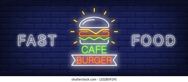 Burger cafe neon sign. Glowing tasty big burger on dark brick wall. Vector illustration in neon style for fast food restaurant or snack bar