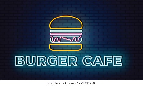 Burger Cafe Neon Schilder Vektor. Neonzeichen der Vorlage entwerfen