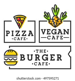 Burger cafe. Pizza cafe. Vegan cafe. Set burger, pizza and vegan logo, emblem, label