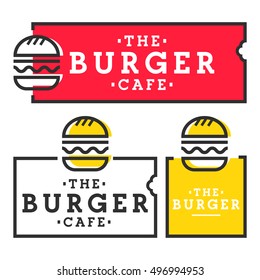 Café hamburguesa. Establecer logotipo de la hamburguesa, emblema, etiqueta