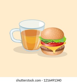 Burger and cap of tea - cute cartoon colored picture. Graphic design elements for menu, packaging, advertising, poster, brochure or background. Vector illustration of fast food