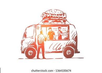 Burger, car, fast food, shop, truck concept. Hand drawn car with burgers and fast food concept sketch. Isolated vector illustration.