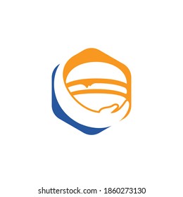 Diseño del logotipo vectorial de cuidado de hamburguesas. Burguesa vectorial y combinación de logotipo de mano.	