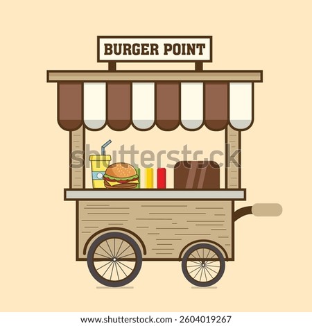 Burger Cart with Bicycle vector illustration, Fast food street burger truck. light background.