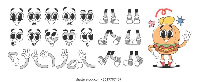 Burger cartoon anthropomorphic character with various faces emotions, feet and gesturing hands set