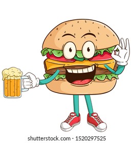 Burger cartoon character holding a beer glass with funny smile face