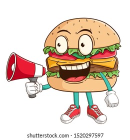 Burger cartoon character holding megaphone with funny smile face
