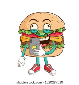 Burger cartoon character holding smartphone and do selfie with funny expression