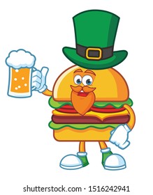burger cartoon character mascot design vector with green hat patrick day