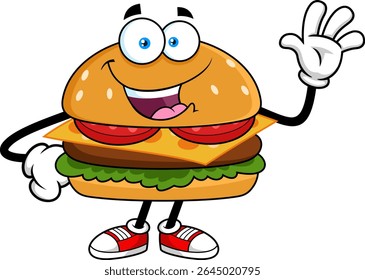 Burger Cartoon Character Smiling and Waving – Vector Hand Drawn Illustration Isolated On Transparent Background