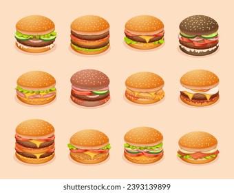 Burger. Cartoon fast food burgers with different ingredients exact vector illustrations