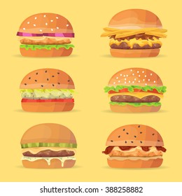 Burger cartoon fast food set. Ingredients: buns, cheese, bacon, tomato, onion, lettuce, cucumbers, pickle onions, beefs, ham. cheeseburger and hamburger.