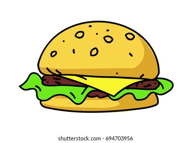 Burger cartoon hand drawn image. Original colorful artwork, comic childish style drawing.