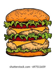 Burger cartoon hand drawn image. Original colorful artwork, comic childish style drawing.