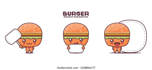 burger cartoon illustration, with blank board banner, isolated on a white background.