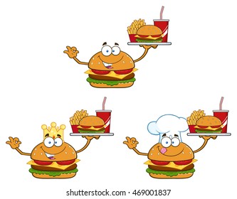 Burger Cartoon Mascot Character 5. Vector Collection Set