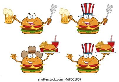 Burger Cartoon Mascot Character 6. Vector Collection Set