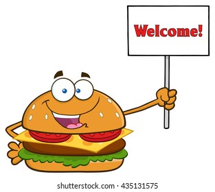 Burger Cartoon Mascot Character Holding A Sign With Text Welcome. Vector Illustration Isolated On White Background