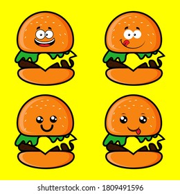 Burger Cartoon Mascot Character. Vector Collection Set