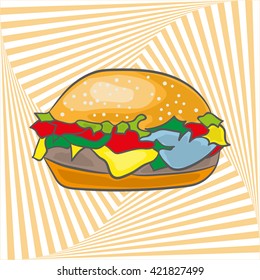 Burger cartoon on   background with optical illusion.