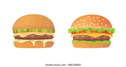 Conjunto de desenhos animados para hambúrguer. Cheeseburger fresco e ilustrações para hambúrguer. Fast food.