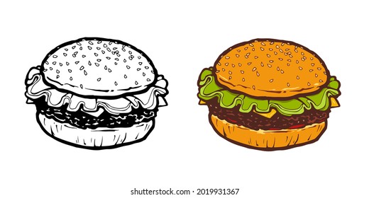 burger cartoon sketch color and outline hand drawn vector illustration