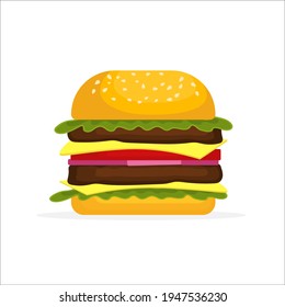 Burger in cartoon style. Closeup for promotion design. Abstract background. Logo design. Fast food.