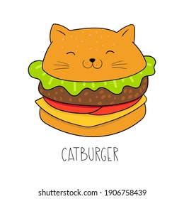 Burger cat in cartoon style. Isolated objects on white background. Vector illustration. Good for posters, t shirts, postcards. Design concept for cat cafe menu.