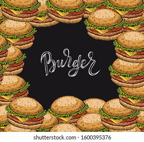 Burger chalk drawing lettering text, sandwich fast food frame. Hand drawn sketch of fastfood. Vector illustration