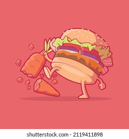 Burger Character breaking a carrot vector illustration. Food, nutrition, funny design concept.