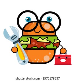 Burger Character Cute Cartoon With Mechanic Tools Vector Template Design Illustration
