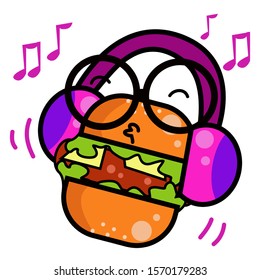 Burger Character Cute Cartoon Playing Music With Headphone Vector Template Design Illustration