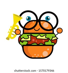 Burger Character Cute Cartoon With Trumpet Vector Template Design Illustration
