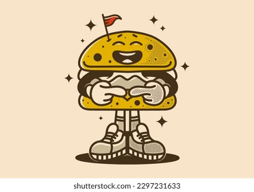 Burger character design with shy expression in vintage style